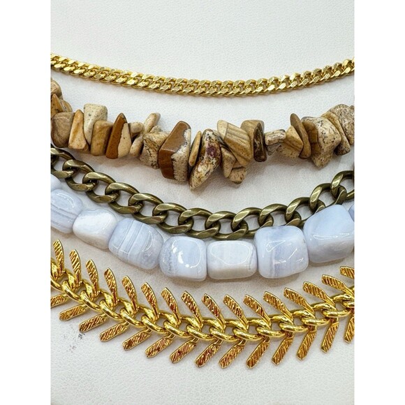 Ab Max Stone & Mixed Chain Layered Multistrand Necklace Gold Tone Boho Bohemian - Picture 8 of 13
